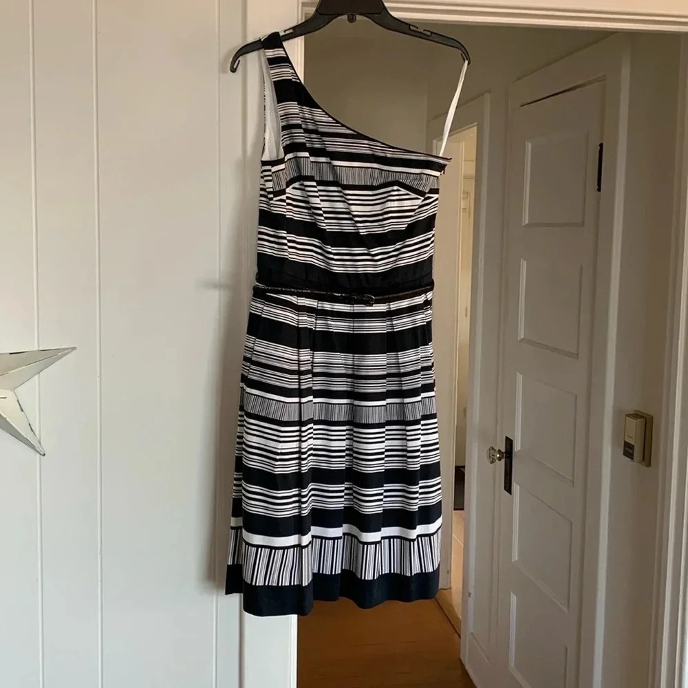 White House Black Market one shoulder black dress, size 8, pre-owned